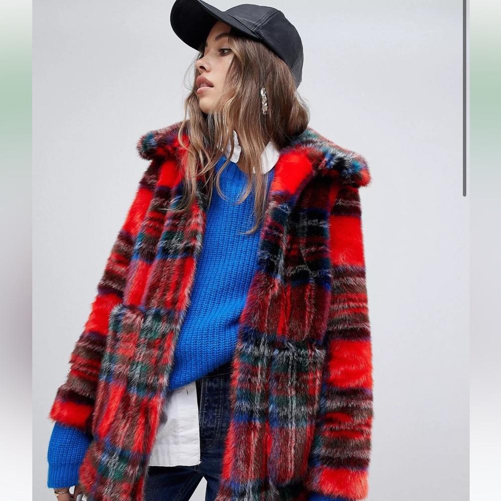 Plaid faux fur coat